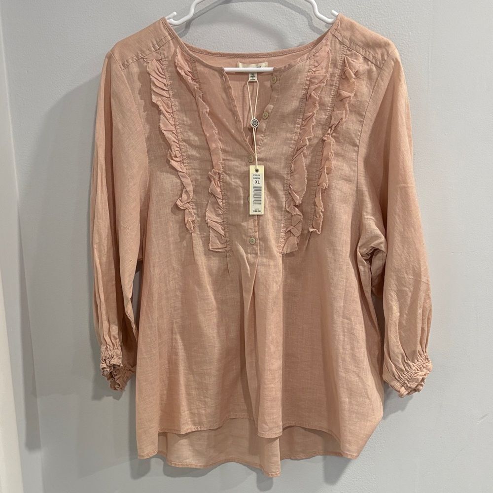 Max Studio Linen Blush Pinkish Peach Ruffle Detail Blouse